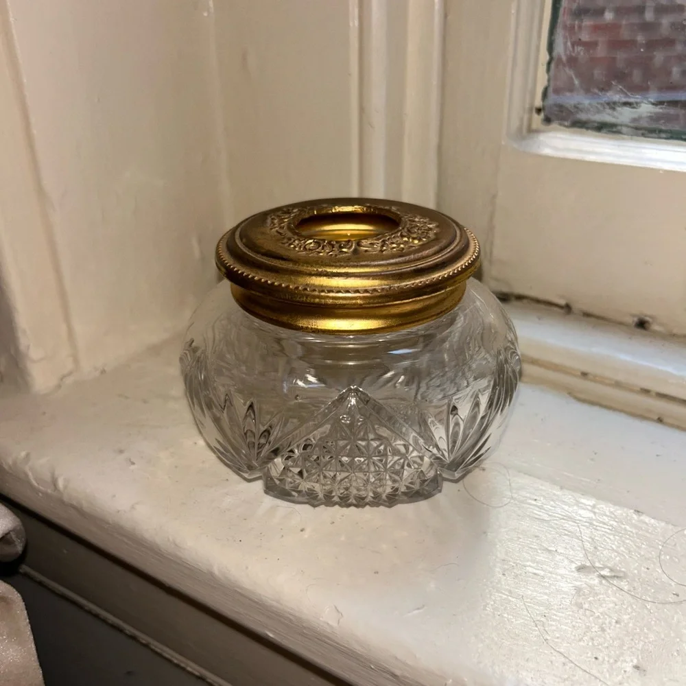 Victorian Art Nouveau Cut Glass Hair Receiver With Gold Lid